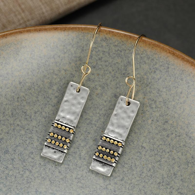 Women's Artistic Distressed Hammered Rectangular Dangle Earrings
